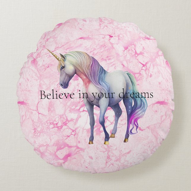 Girly Swirly Pink Unicorn Swirls Round Pillow (Front)