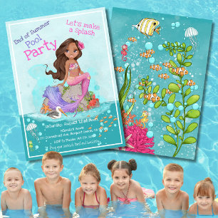 Girly Tan Brown Hair Pink Mermaid Pool Party Invitation