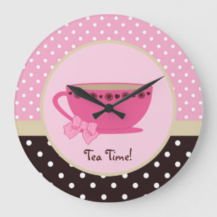 Girly Tea Time Teacup Pink and Brown Polka Dot Bow Large Clock