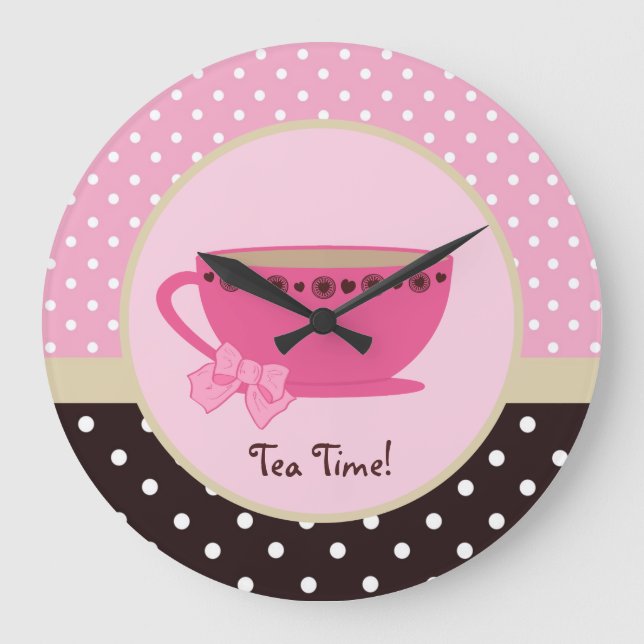 Girly Tea Time Teacup Pink and Brown Polka Dot Bow Large Clock (Front)