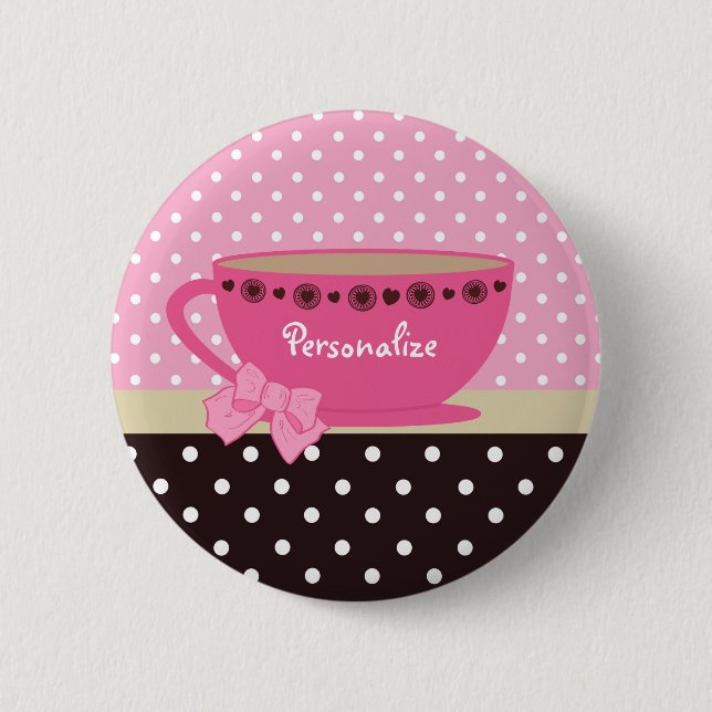 Girly Teacup Pink and Brown Polka Dot Bow and Name 2 Inch Round Button (Front)