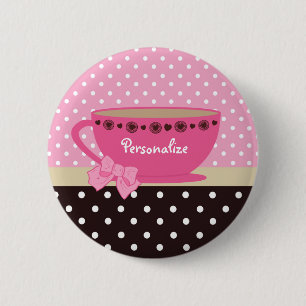 Girly Teacup Pink and Brown Polka Dot Bow and Name 2 Inch Round Button