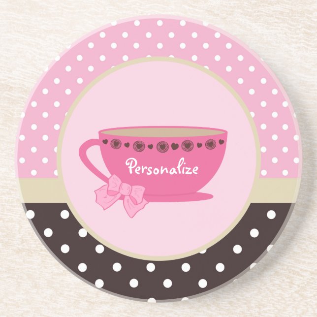 Girly Teacup Pink and Brown Polka Dot Bow and Name Coaster (Front)