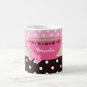 Girly Teacup Pink and Brown Polka Dot Bow and Name Coffee Mug