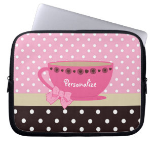 Girly Teacup Pink and Brown Polka Dot Bow and Name Laptop Sleeve