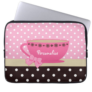 Girly Teacup Pink and Brown Polka Dot Bow and Name Laptop Sleeve