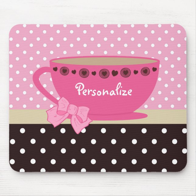 Girly Teacup Pink and Brown Polka Dot Bow and Name Mouse Pad (Front)