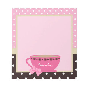 Girly Teacup Pink and Brown Polka Dot Bow and Name Notepad