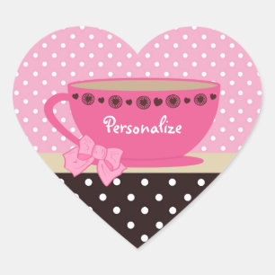 Girly Teacup Pink And Brown Polka Dots Heart Sticker
