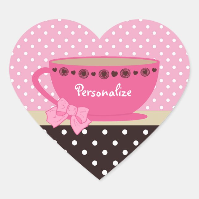 Girly Teacup Pink And Brown Polka Dots Heart Sticker (Front)