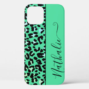 Girly Teal Animal Print Pattern Custom Name Cool iPhone 12 Case