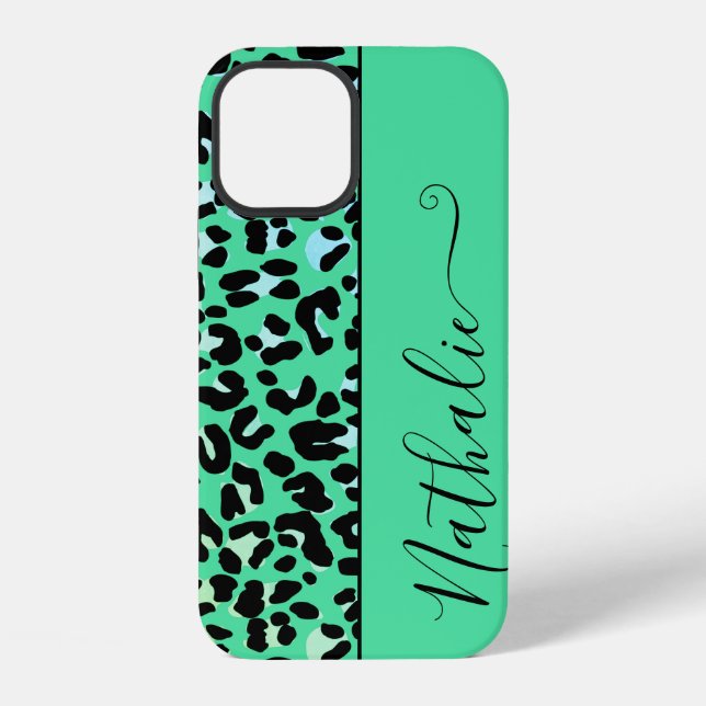 Girly Teal Animal Print Pattern Custom Name Cool iPhone Case (Back)