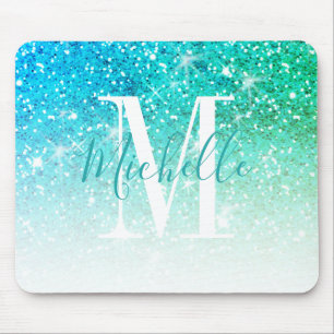 Girly Teal Aqua Blue Glitter Sparkle Monogram Name Mouse Pad
