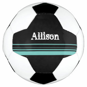 Girly Teal Black Striped Personalized Soccer Ball