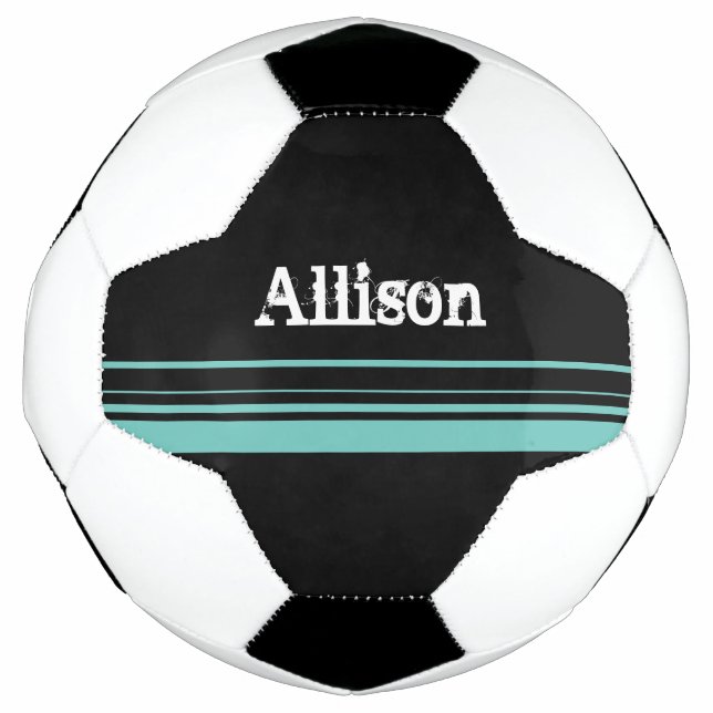 Girly Teal Black Striped Personalized Soccer Ball (Front)