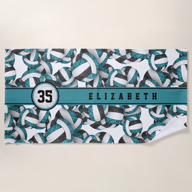 Girly teal black volleyballs pattern personalized beach towel (Front)