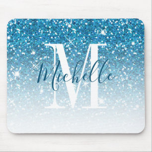 Girly Teal Blue Glitter Sparkle Monogram Name Mouse Pad