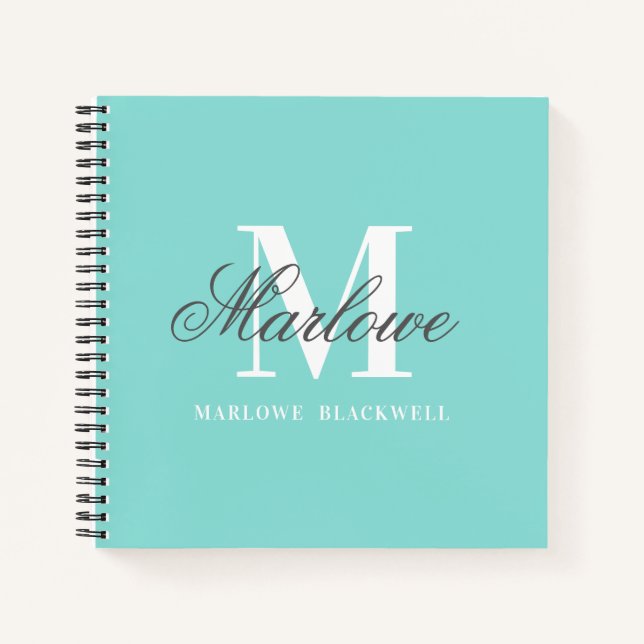 Girly Teal Blue Grey Monogram Calligraphy Notebook (Front)