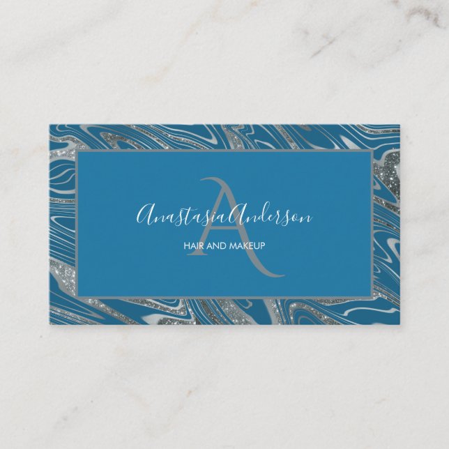 Girly Teal Blue Silver Marble Glitter Monogram Business Card (Front)