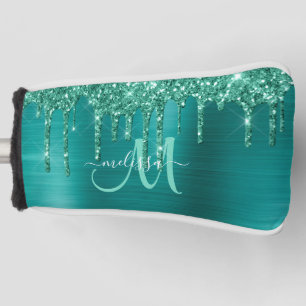 Girly Teal Brushed Metal Dripping Glitter Name Golf Head Cover