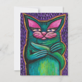 Girly Teal Cat in Oil Pastel on Purple Background Postcard