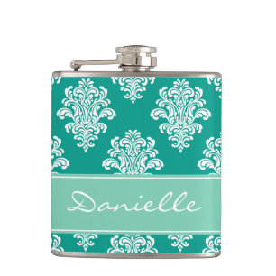 Girly Teal Damask Monogram Hip Flask