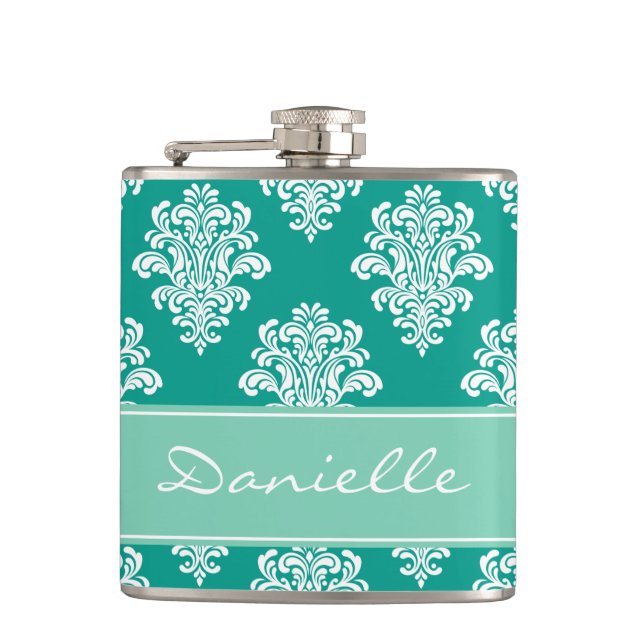 Girly Teal Damask Monogram Hip Flask (Front)