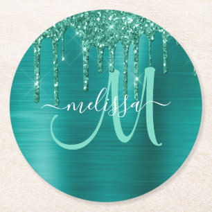 Girly Teal Dripping Glitter Brushed Metal Monogram Round Paper Coaster