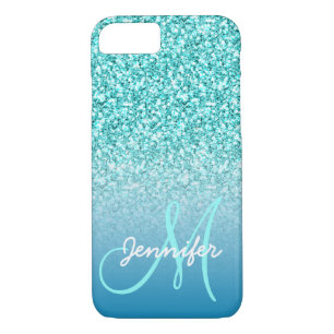 Girly Teal Faux Glitter Monogram Name Personalized Case-Mate iPhone Case