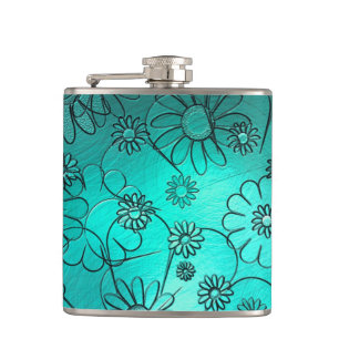 Girly Teal Flower Design Hip Flask