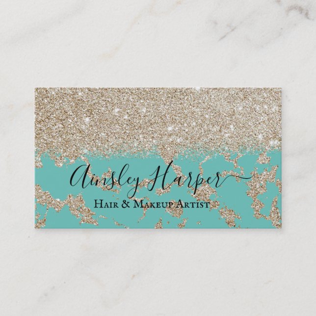 Girly Teal Glamorous Gold Glitter Marble Gradient Business Card (Front)