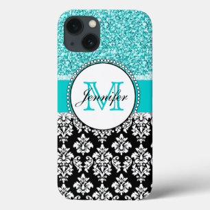 Girly, Teal, Glitter Black Damask Personalized iPhone 13 Case