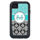 Girly, Teal, Glitter Black Damask Personalized