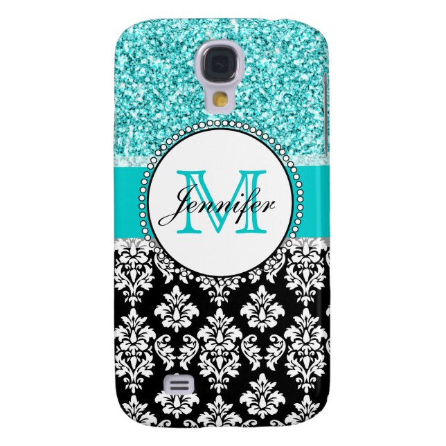 Girly, Teal, Glitter Black Damask Personalized Case-Mate Samsung Galaxy Case (Back)