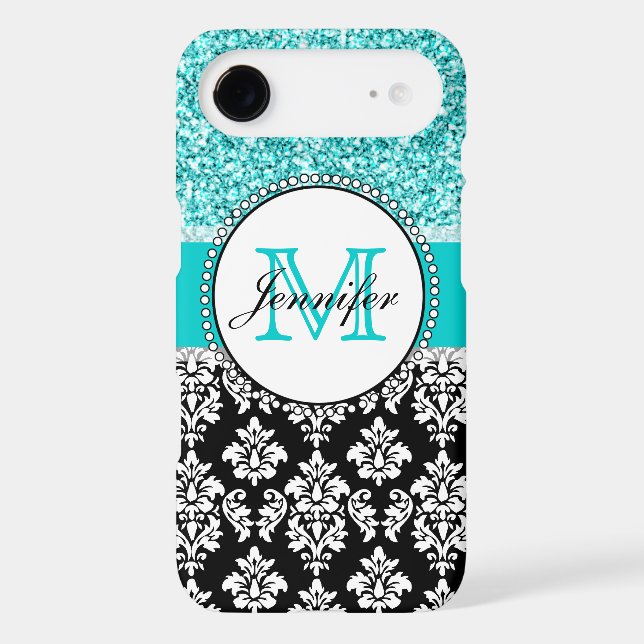 Girly, Teal, Glitter Black Damask Personalized Case-Mate Samsung Galaxy Case (Back)