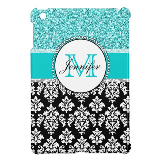 Girly, Teal, Glitter Black Damask Personalized iPad Mini Case (Back)