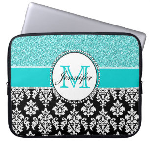 Girly, Teal, Glitter Black Damask Personalized Laptop Sleeve