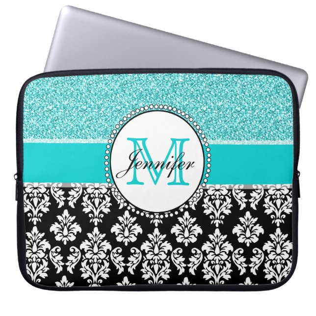 Girly, Teal, Glitter Black Damask Personalized Laptop Sleeve (Front)