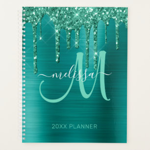 Girly Teal Glitter Brushed Metal 2024 Planner