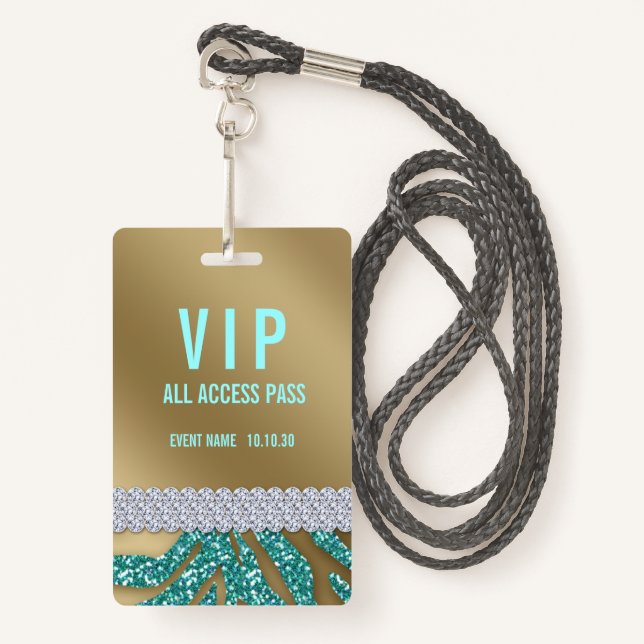 Girly Teal Glitter Female VIP Access Event Badge (Front with Lanyard)