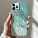 Girly Teal Glitter Monogram Name iPhone 12 Case<br><div class="desc">Girly Glitter Monogram Name Case. This design is accented with a faux glitter texture. Personalize this custom design with your own name and monogram initial.</div>