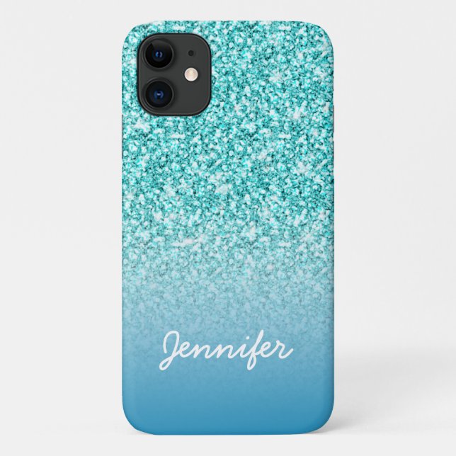 Girly Teal Glitter Monogram Name Personalized Case-Mate iPhone Case (Back)