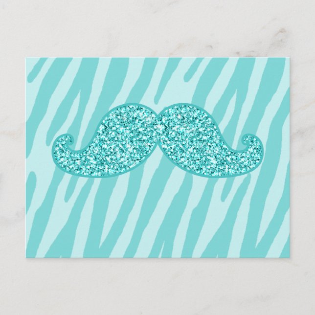 GIRLY TEAL GLITTER MUSTACHE ZEBRA STRIPES POSTCARD (Front)