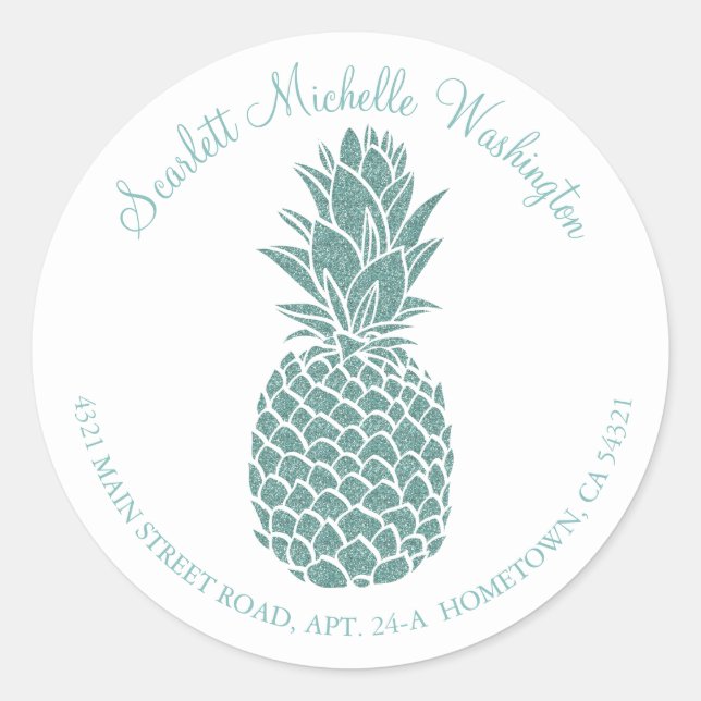 Girly Teal Glitter Pineapple Address Classic Round Sticker (Front)