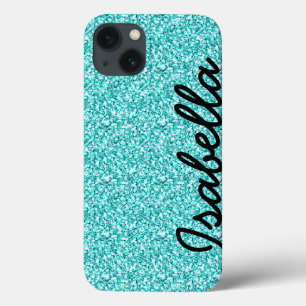 GIRLY TEAL GLITTER PRINTED PERSONALIZED iPhone 13 CASE