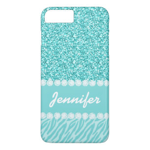 Girly, Teal Glitter, Zebra Stripes Personalized iPhone 8 Plus/7 Plus Case