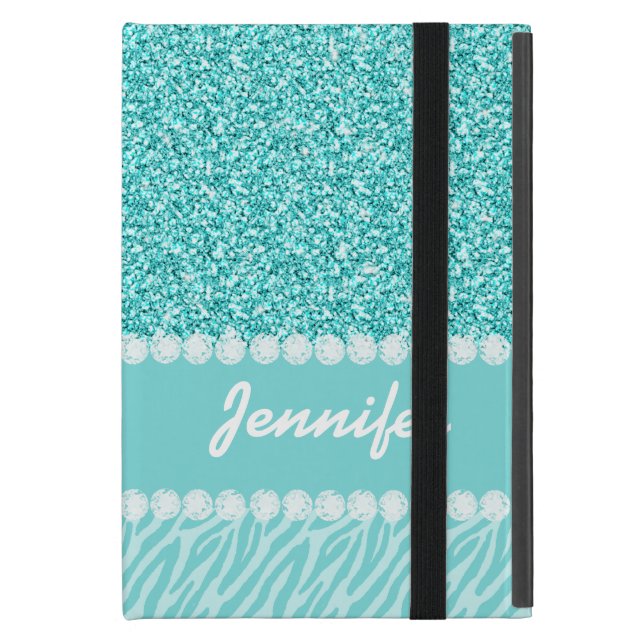 Girly, Teal Glitter, Zebra Stripes Personalized iPad Mini Case (Front Closed)