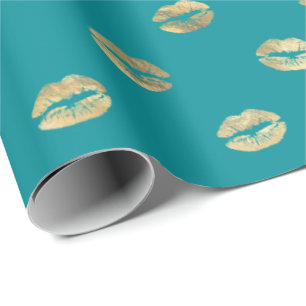 Girly Teal Gold Kiss Lips Pattern Wrapping Paper