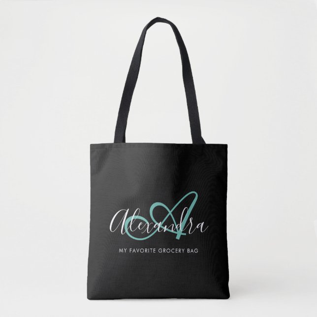 Girly Teal Green Chic Black Script Name Monogram Tote Bag (Front)