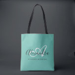 Girly Teal Green Elegant Script Name Monogram Tote Bag<br><div class="desc">Personalize your beautiful monogrammed trendy teal green Grocery Tote Bag! The text below may be personalized to your preferred sentence or even your full name; you can also delete it if you prefer. If you need help, please let us know at belytaliarecipes@gmail.com, and we will be glad to assist you....</div>